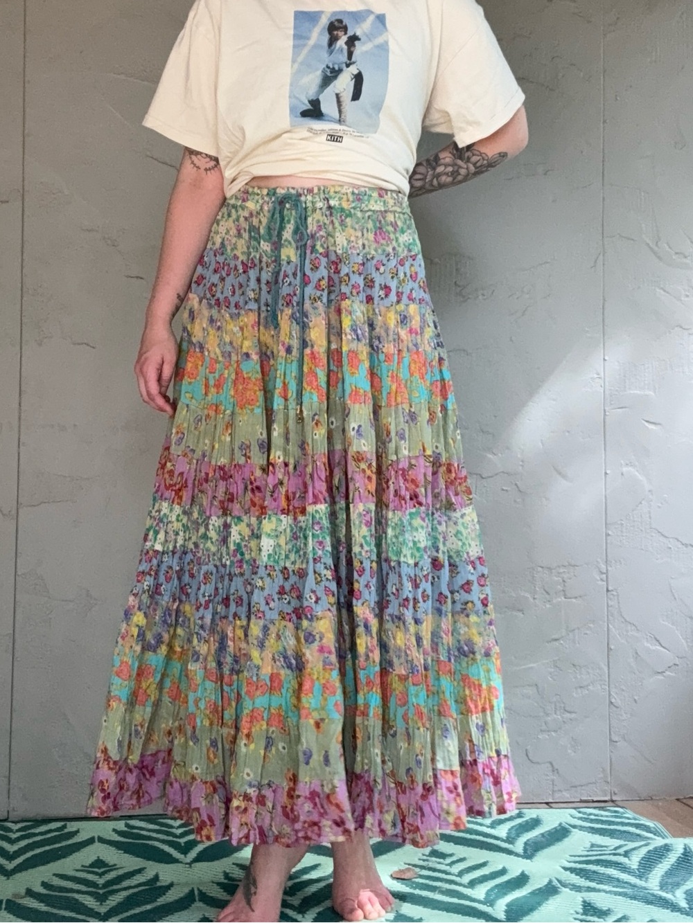 Vintage Boho Floral Maxi Skirt Tiered Medium
